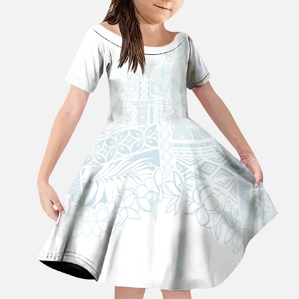 Samoa Lotu Tamaiti Mamanu Siapo Family Matching Off Shoulder Maxi Dress and Hawaiian Shirt Off White Plumeria LT7 Daughter's Dress Baby Blue - Polynesian Pride
