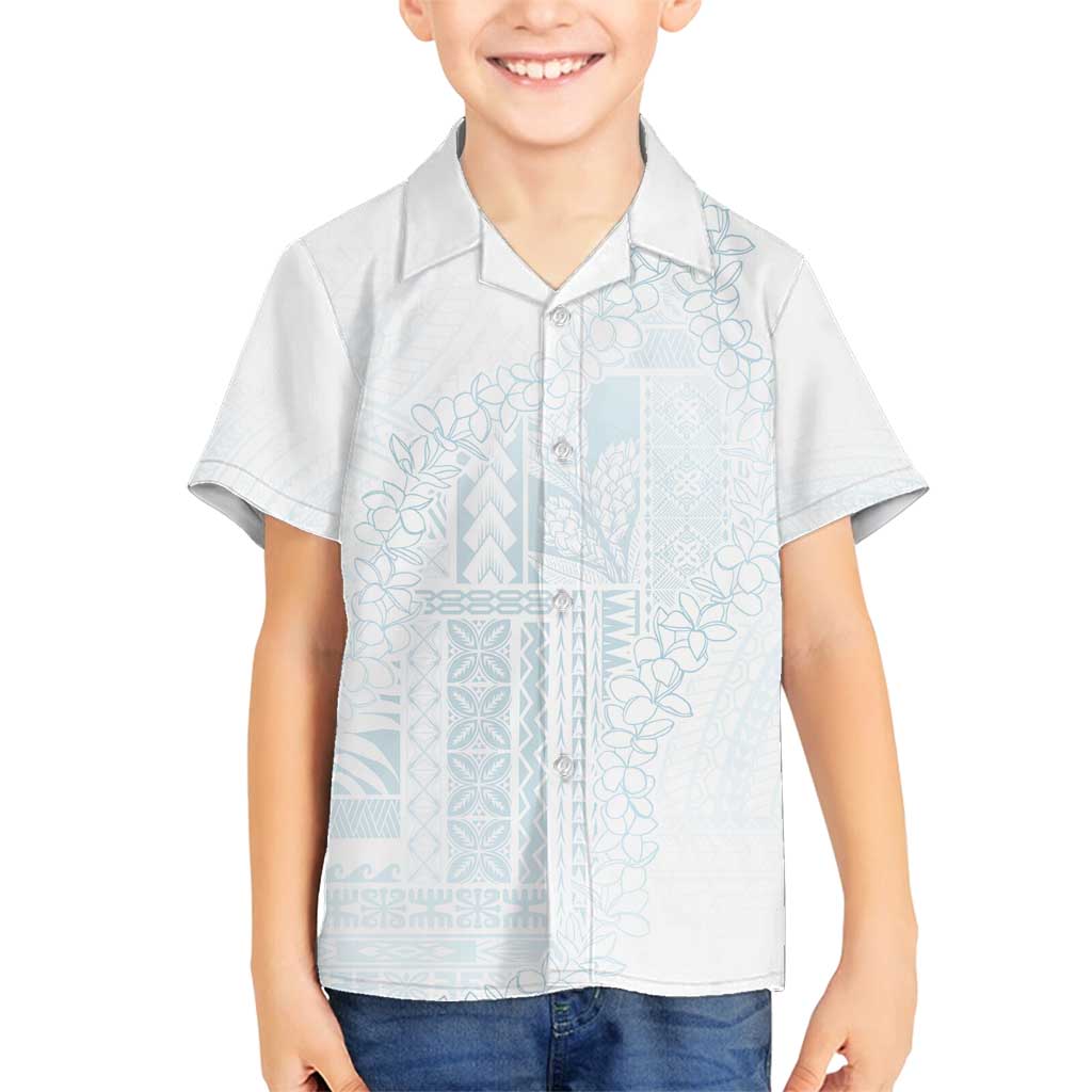 Samoa Lotu Tamaiti Mamanu Siapo Family Matching Off Shoulder Maxi Dress and Hawaiian Shirt Off White Plumeria LT7 Son's Shirt Baby Blue - Polynesian Pride