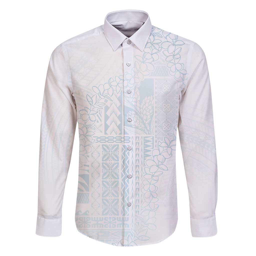Samoa Lotu Tamaiti Mamanu Siapo Family Matching Off Shoulder Short Dress and Hawaiian Shirt Off White Plumeria LT7 Dad's Shirt - Long Sleeve Baby Blue - Polynesian Pride