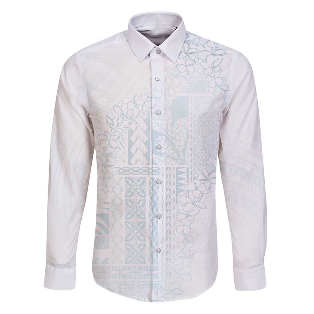 Samoa Lotu Tamaiti Mamanu Siapo Family Matching Puletasi and Hawaiian Shirt Off White Plumeria LT7 Dad's Shirt - Long Sleeve Baby Blue - Polynesian Pride