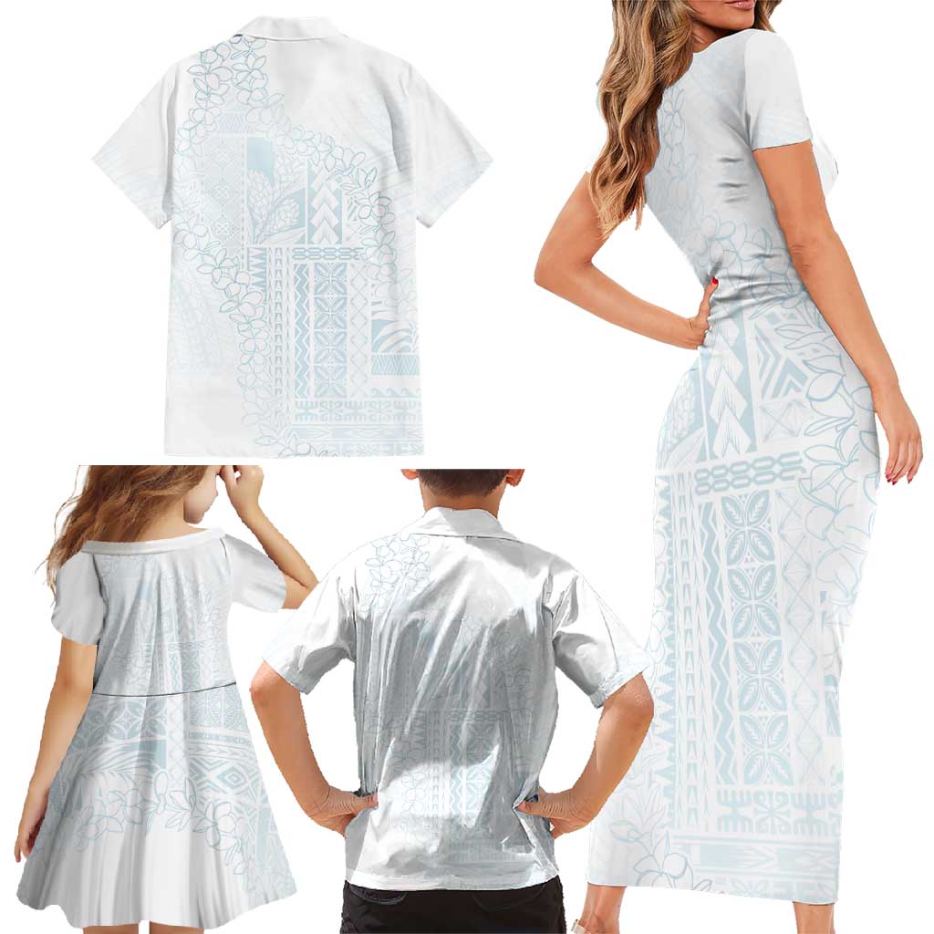 Samoa Lotu Tamaiti Mamanu Siapo Family Matching Short Sleeve Bodycon Dress and Hawaiian Shirt Off White Plumeria LT7 - Polynesian Pride