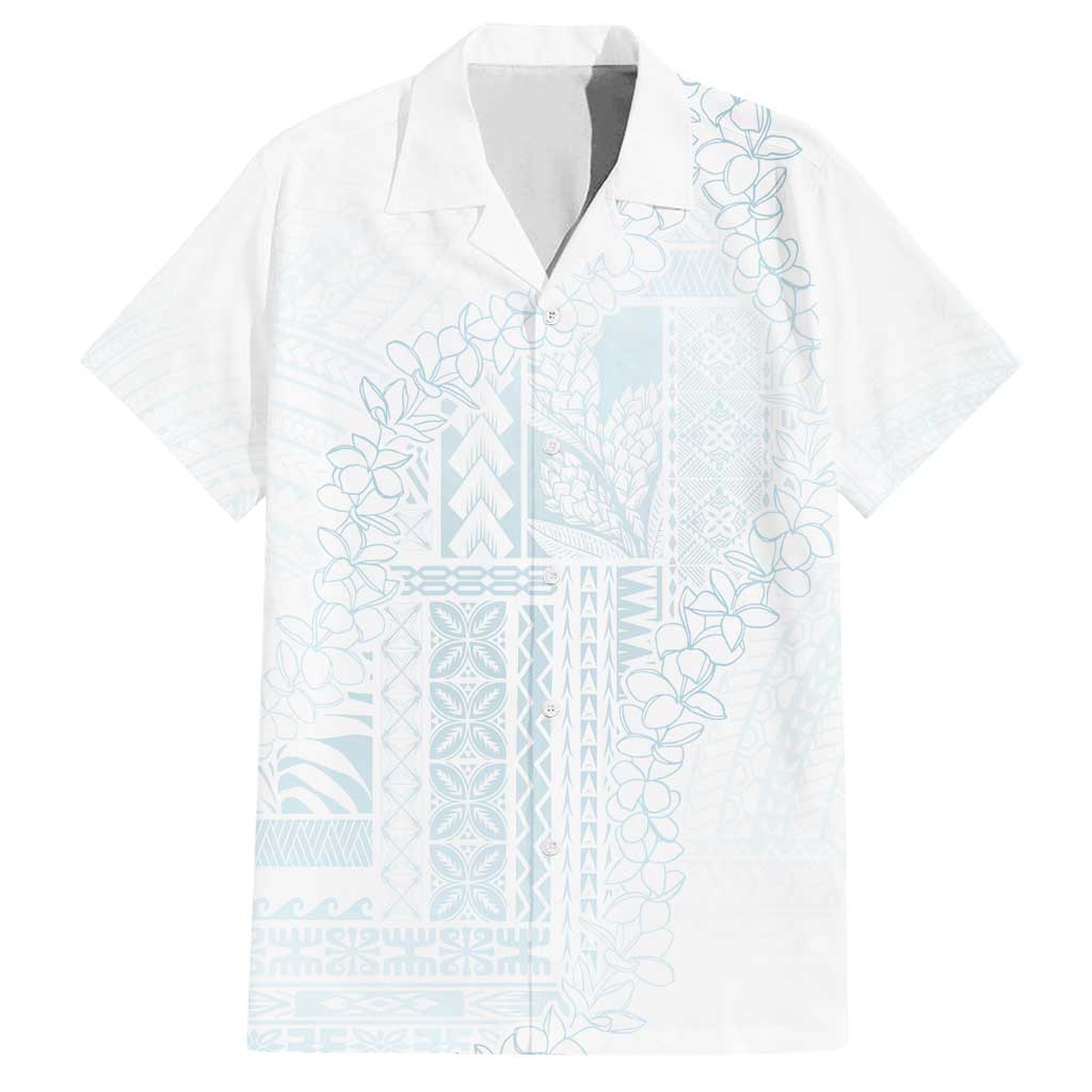 Samoa Lotu Tamaiti Mamanu Siapo Family Matching Summer Maxi Dress and Hawaiian Shirt Off White Plumeria LT7 Dad's Shirt - Short Sleeve Baby Blue - Polynesian Pride