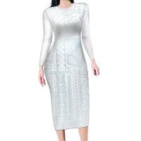Samoa Lotu Tamaiti Mamanu Siapo Long Sleeve Bodycon Dress Off White Plumeria LT7 Long Dress Baby Blue - Polynesian Pride