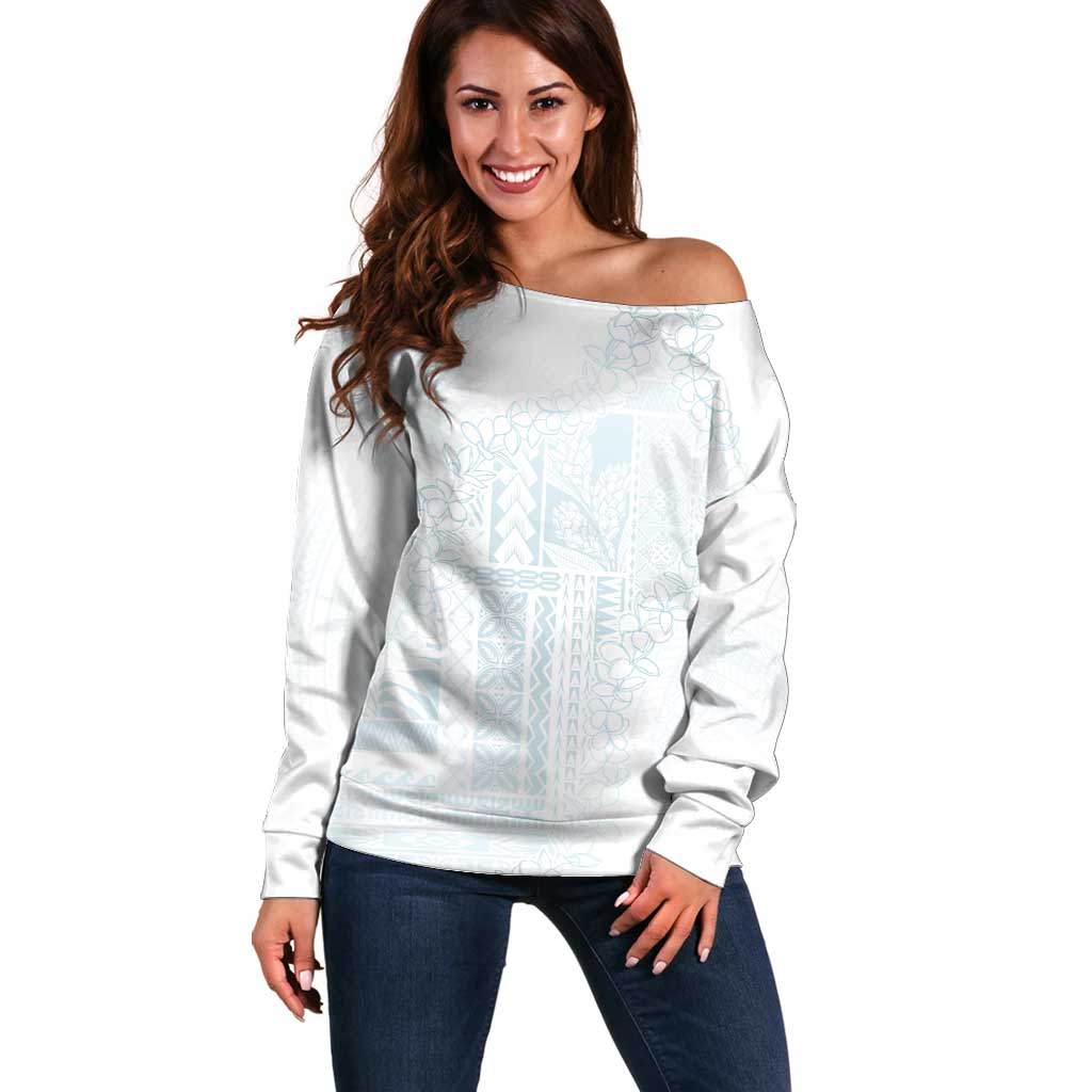 Samoa Lotu Tamaiti Mamanu Siapo Off Shoulder Sweater Off White Plumeria - Polynesian Pride