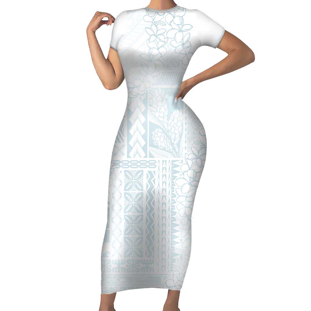 Samoa Lotu Tamaiti Mamanu Siapo Short Sleeve Bodycon Dress Off White Plumeria LT7 Long Dress Baby Blue - Polynesian Pride