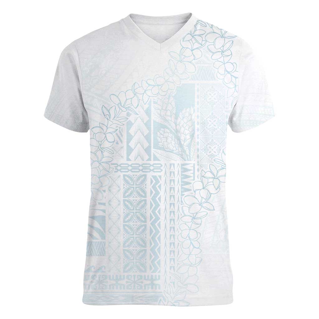 Samoa Lotu Tamaiti Mamanu Siapo Women V-Neck T-Shirt Off White Plumeria LT7 Female Baby Blue - Polynesian Pride