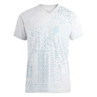 Samoa Lotu Tamaiti Mamanu Siapo Women V-Neck T-Shirt Off White Plumeria LT7 Female Baby Blue - Polynesian Pride