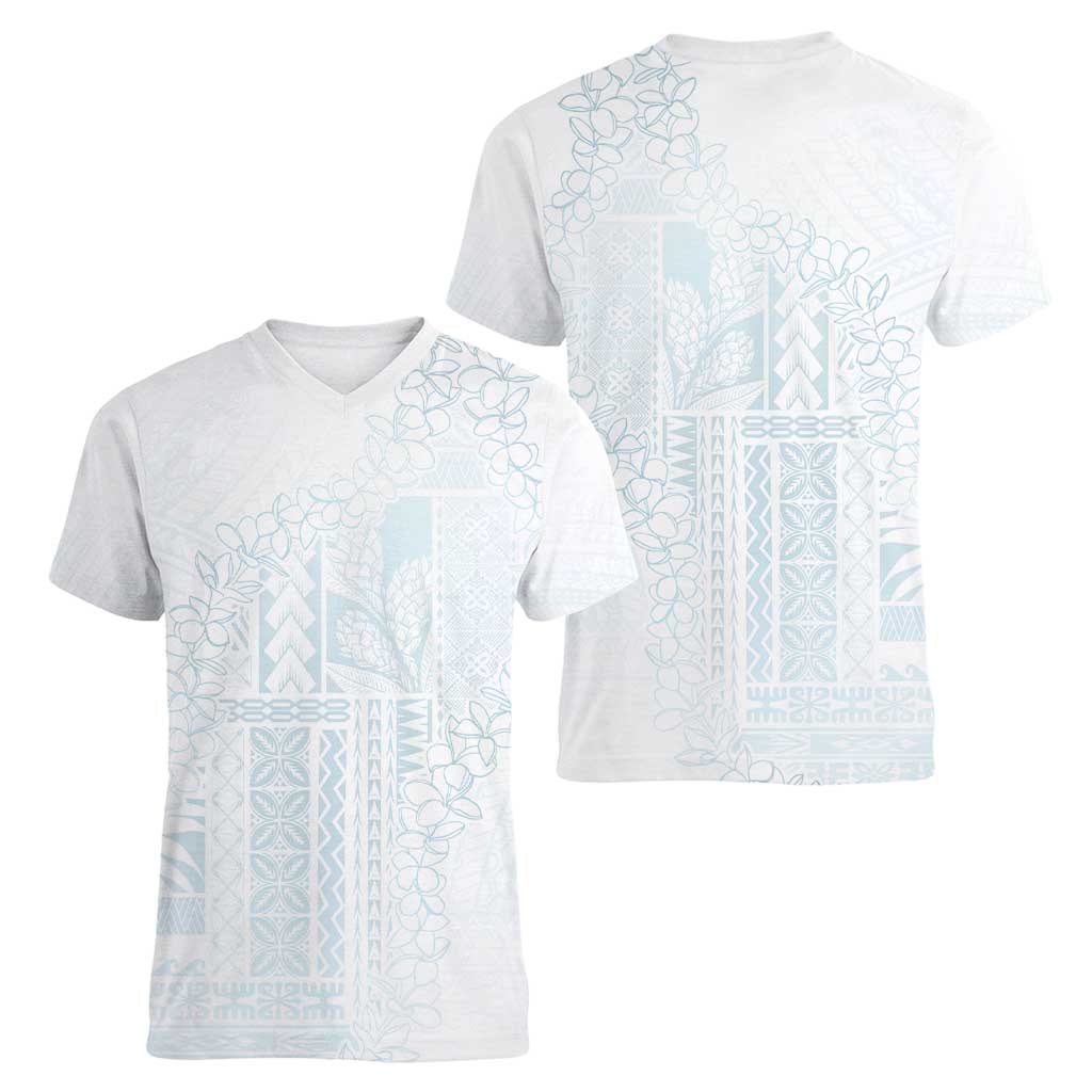 Samoa Lotu Tamaiti Mamanu Siapo Women V-Neck T-Shirt Off White Plumeria LT7 - Polynesian Pride