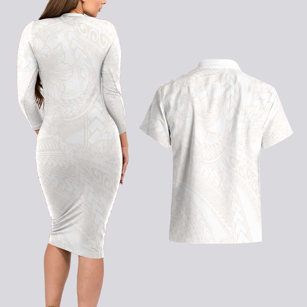 Samoa Lotu Tamaiti Ivory Couples Matching Long Sleeve Bodycon Dress and Hawaiian Shirt Teuila Tatau LT7 - Polynesian Pride