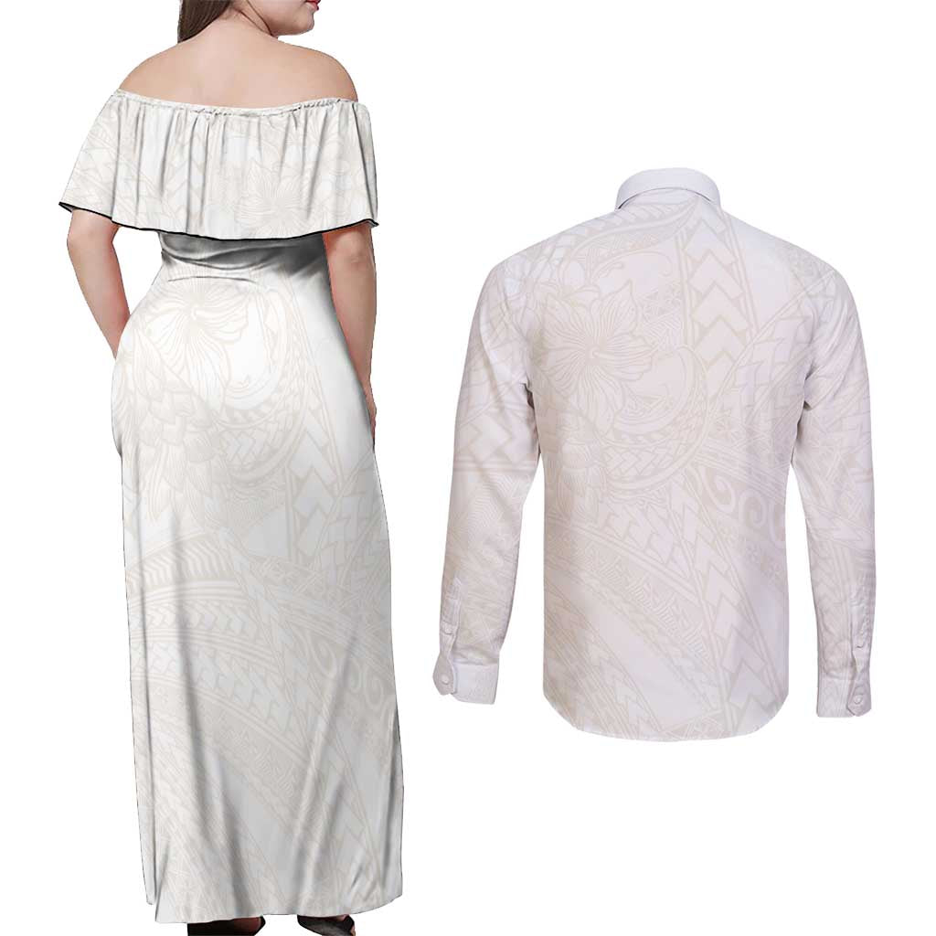 Samoa Lotu Tamaiti Ivory Couples Matching Off Shoulder Maxi Dress and Long Sleeve Button Shirt Teuila Tatau LT7 - Polynesian Pride