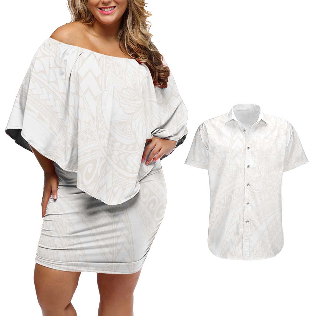 Samoa Lotu Tamaiti Ivory Couples Matching Off Shoulder Short Dress and Hawaiian Shirt Teuila Tatau LT7 Ivory - Polynesian Pride