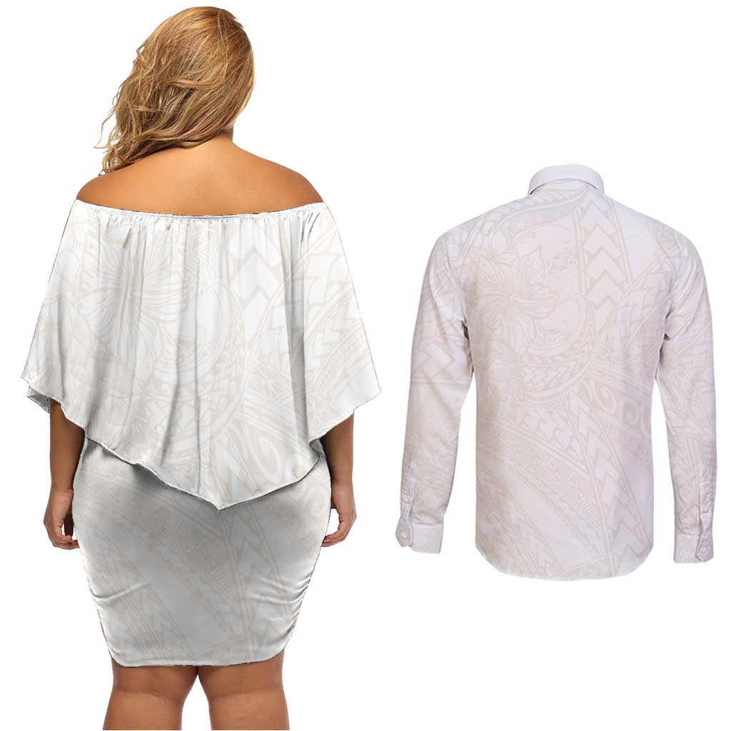 Samoa Lotu Tamaiti Ivory Couples Matching Off Shoulder Short Dress and Long Sleeve Button Shirt Teuila Tatau LT7 - Polynesian Pride
