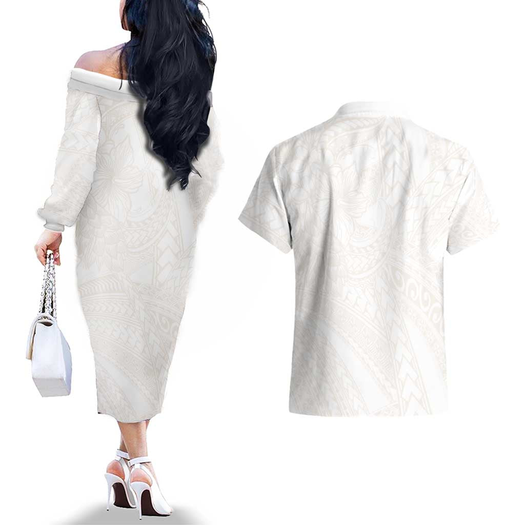 Samoa Lotu Tamaiti Ivory Couples Matching Off The Shoulder Long Sleeve Dress and Hawaiian Shirt Teuila Tatau LT7 - Polynesian Pride