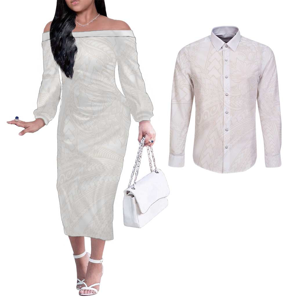 Samoa Lotu Tamaiti Ivory Couples Matching Off The Shoulder Long Sleeve Dress and Long Sleeve Button Shirt Teuila Tatau LT7 Ivory - Polynesian Pride