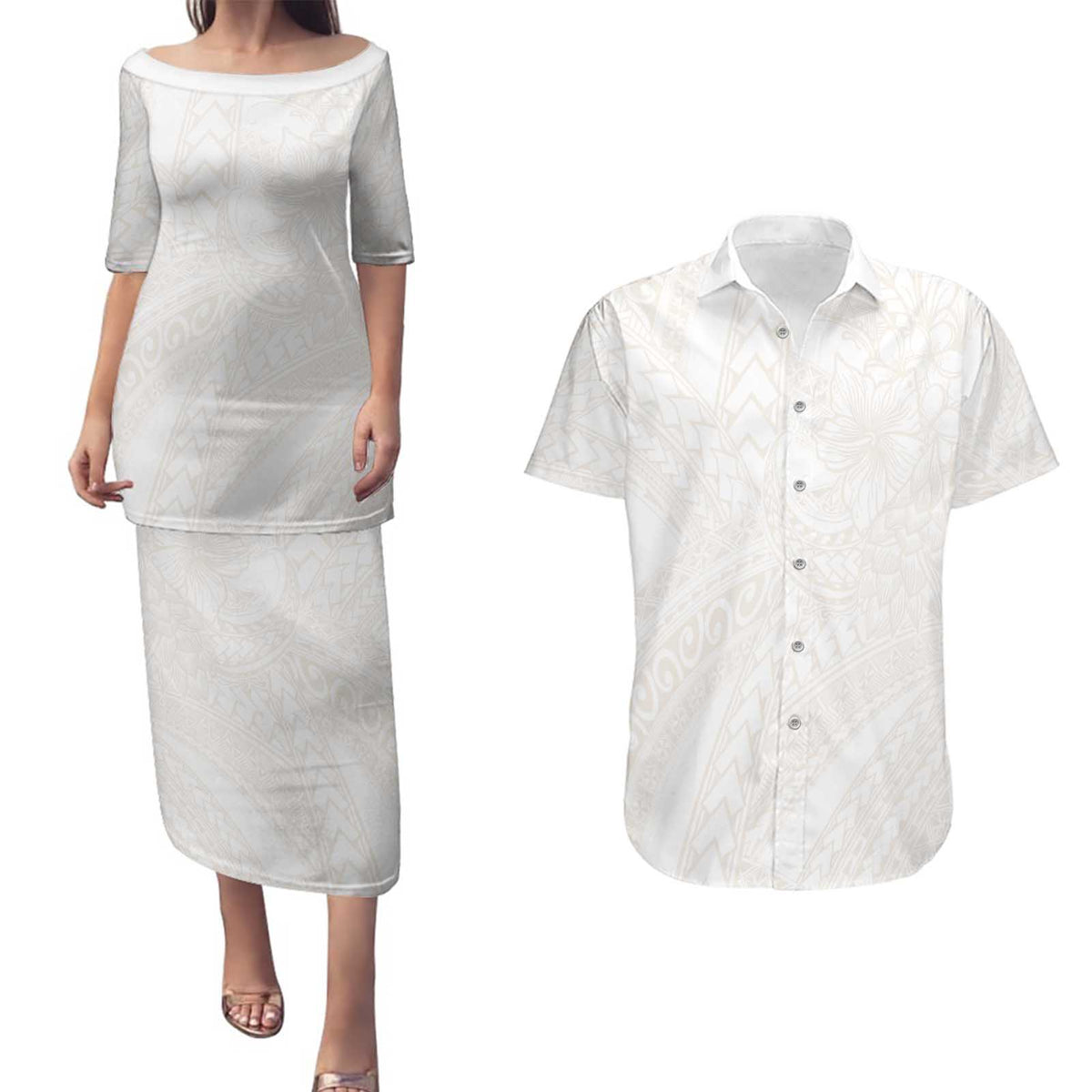 Samoa Lotu Tamaiti Ivory Couples Matching Puletasi and Hawaiian Shirt Teuila Tatau LT7 Ivory - Polynesian Pride