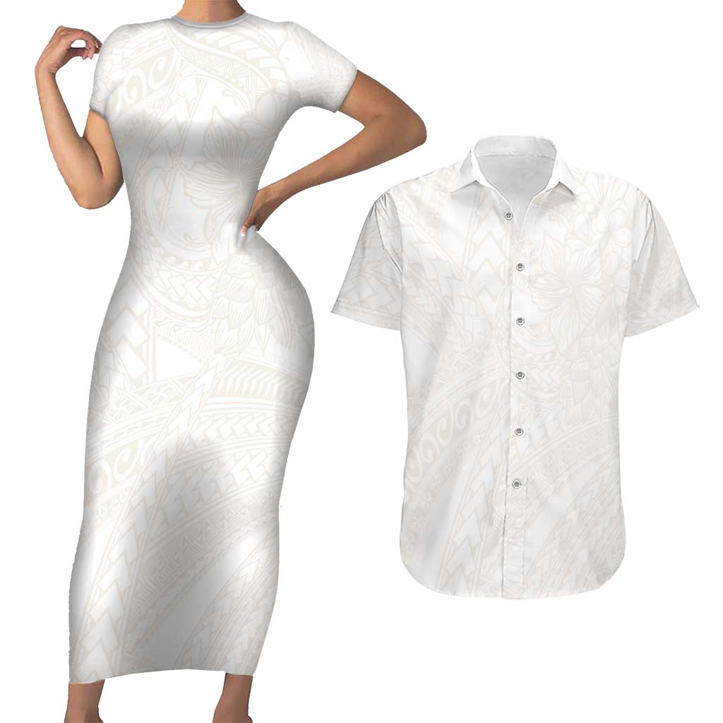 Samoa Lotu Tamaiti Ivory Couples Matching Short Sleeve Bodycon Dress and Hawaiian Shirt Teuila Tatau LT7 Ivory - Polynesian Pride