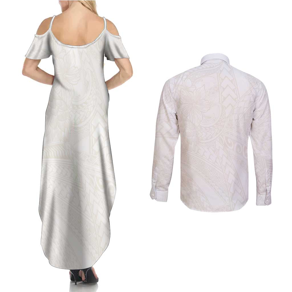 Samoa Lotu Tamaiti Ivory Couples Matching Summer Maxi Dress and Long Sleeve Button Shirt Teuila Tatau LT7 - Polynesian Pride