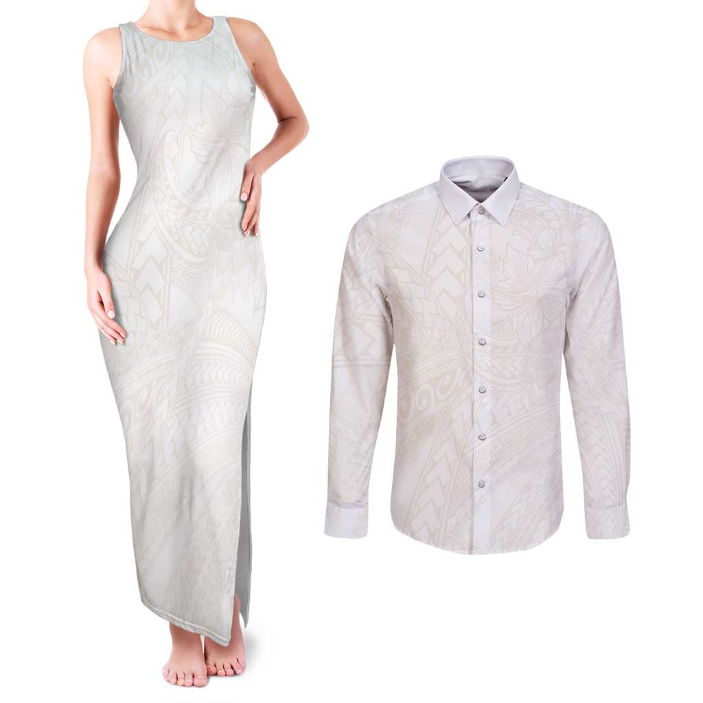 Samoa Lotu Tamaiti Ivory Couples Matching Tank Maxi Dress and Long Sleeve Button Shirt Teuila Tatau LT7 Ivory - Polynesian Pride