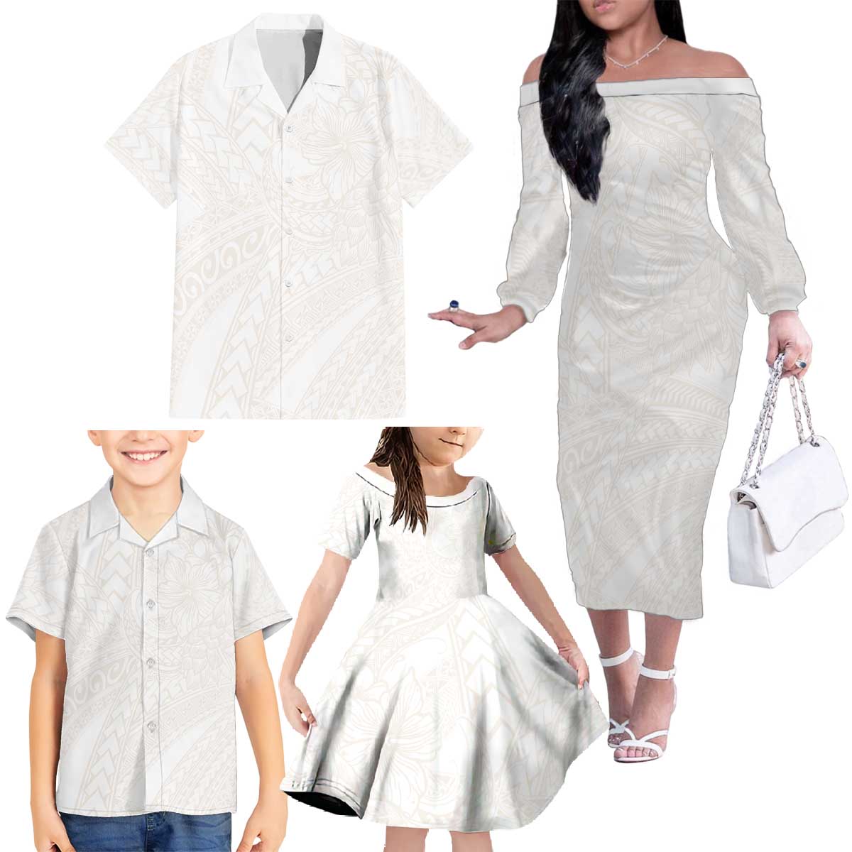 Samoa Lotu Tamaiti Ivory Family Matching Off The Shoulder Long Sleeve Dress and Hawaiian Shirt Teuila Tatau LT7 - Polynesian Pride