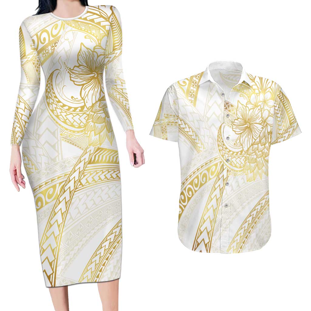 Samoa Lotu Tamaiti Gold Couples Matching Long Sleeve Bodycon Dress and Hawaiian Shirt Teuila Tatau LT7 Gold - Polynesian Pride
