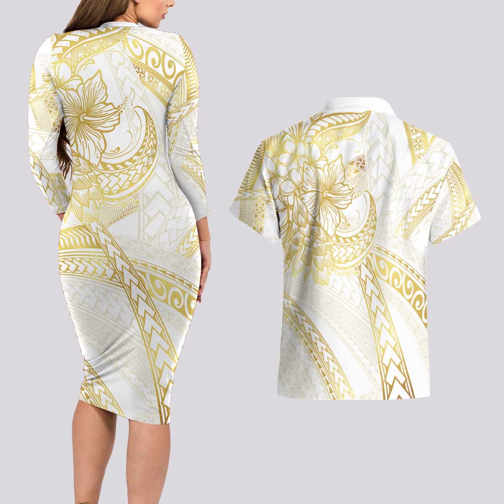Samoa Lotu Tamaiti Gold Couples Matching Long Sleeve Bodycon Dress and Hawaiian Shirt Teuila Tatau LT7 - Polynesian Pride