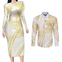 Samoa Lotu Tamaiti Gold Couples Matching Long Sleeve Bodycon Dress and Long Sleeve Button Shirt Teuila Tatau LT7 Gold - Polynesian Pride