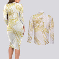 Samoa Lotu Tamaiti Gold Couples Matching Long Sleeve Bodycon Dress and Long Sleeve Button Shirt Teuila Tatau LT7 - Polynesian Pride