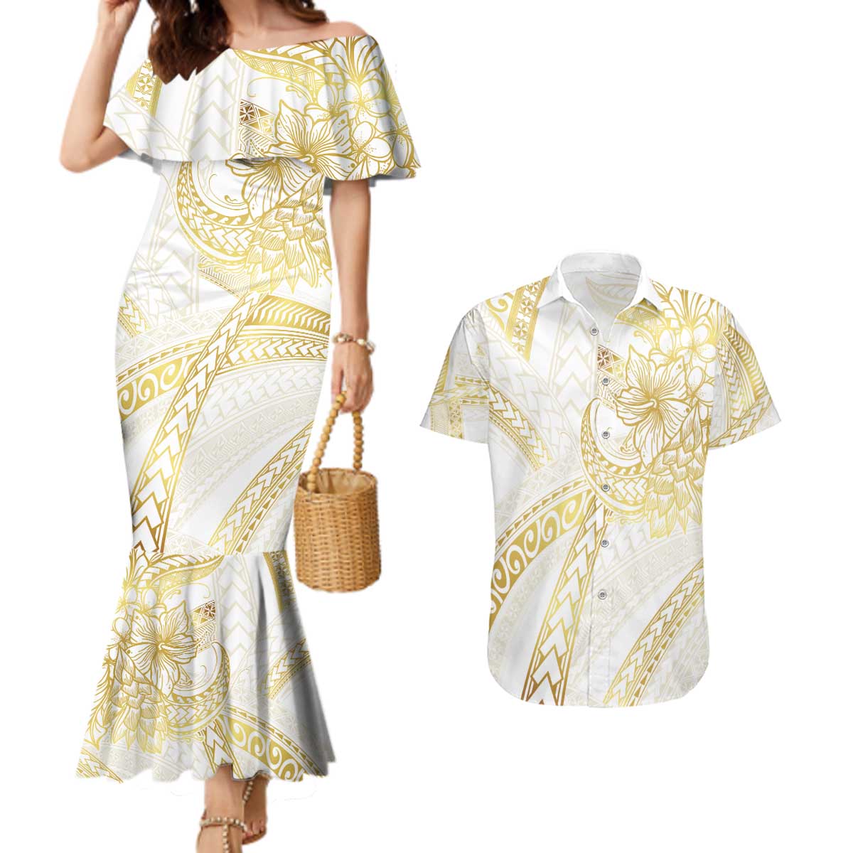 Samoa Lotu Tamaiti Gold Couples Matching Mermaid Dress and Hawaiian Shirt Teuila Tatau LT7 Gold - Polynesian Pride