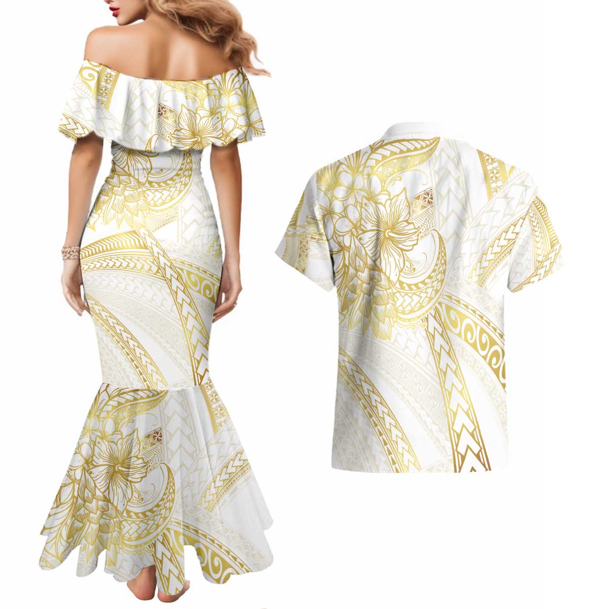 Samoa Lotu Tamaiti Gold Couples Matching Mermaid Dress and Hawaiian Shirt Teuila Tatau LT7 - Polynesian Pride