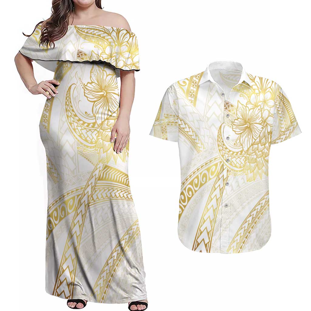 Samoa Lotu Tamaiti Gold Couples Matching Off Shoulder Maxi Dress and Hawaiian Shirt Teuila Tatau LT7 Gold - Polynesian Pride