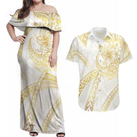 Samoa Lotu Tamaiti Gold Couples Matching Off Shoulder Maxi Dress and Hawaiian Shirt Teuila Tatau LT7 Gold - Polynesian Pride