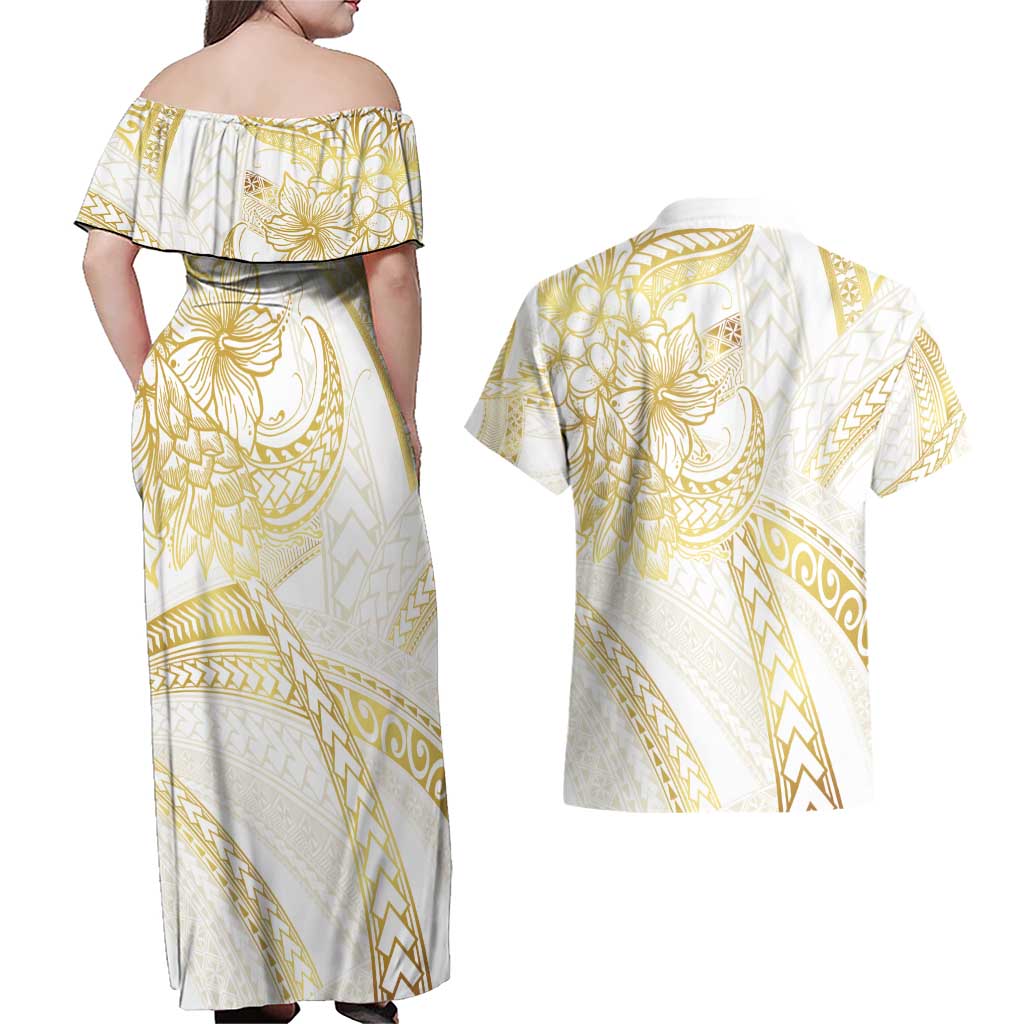 Samoa Lotu Tamaiti Gold Couples Matching Off Shoulder Maxi Dress and Hawaiian Shirt Teuila Tatau LT7 - Polynesian Pride