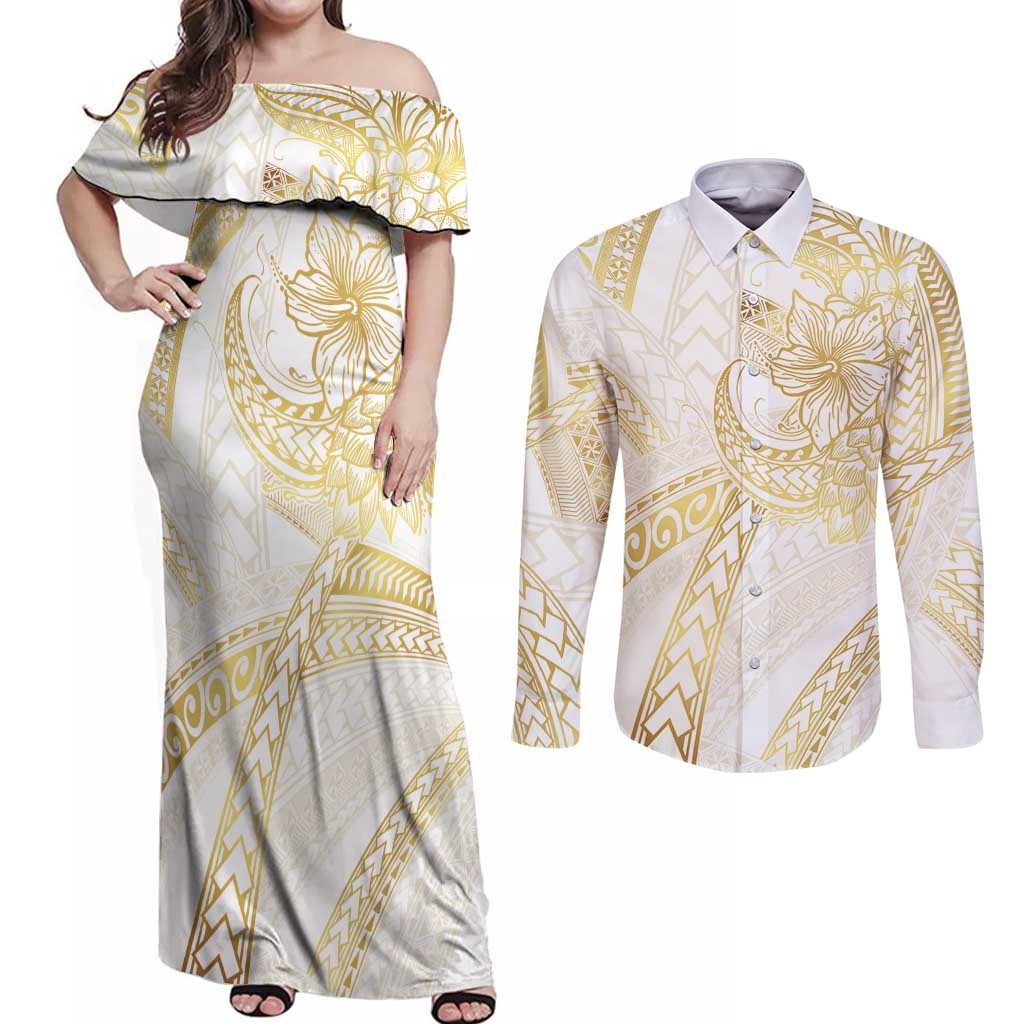 Samoa Lotu Tamaiti Gold Couples Matching Off Shoulder Maxi Dress and Long Sleeve Button Shirt Teuila Tatau LT7 Gold - Polynesian Pride