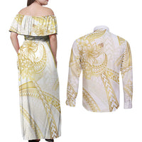 Samoa Lotu Tamaiti Gold Couples Matching Off Shoulder Maxi Dress and Long Sleeve Button Shirt Teuila Tatau LT7 - Polynesian Pride