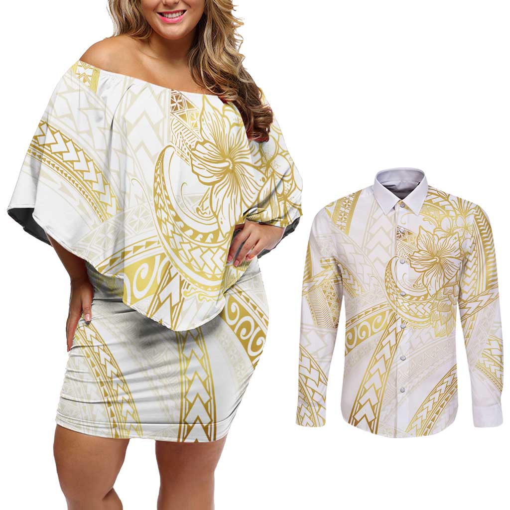 Samoa Lotu Tamaiti Gold Couples Matching Off Shoulder Short Dress and Long Sleeve Button Shirt Teuila Tatau LT7 Gold - Polynesian Pride