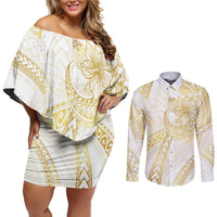 Samoa Lotu Tamaiti Gold Couples Matching Off Shoulder Short Dress and Long Sleeve Button Shirt Teuila Tatau LT7 Gold - Polynesian Pride