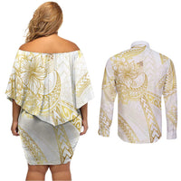 Samoa Lotu Tamaiti Gold Couples Matching Off Shoulder Short Dress and Long Sleeve Button Shirt Teuila Tatau LT7 - Polynesian Pride