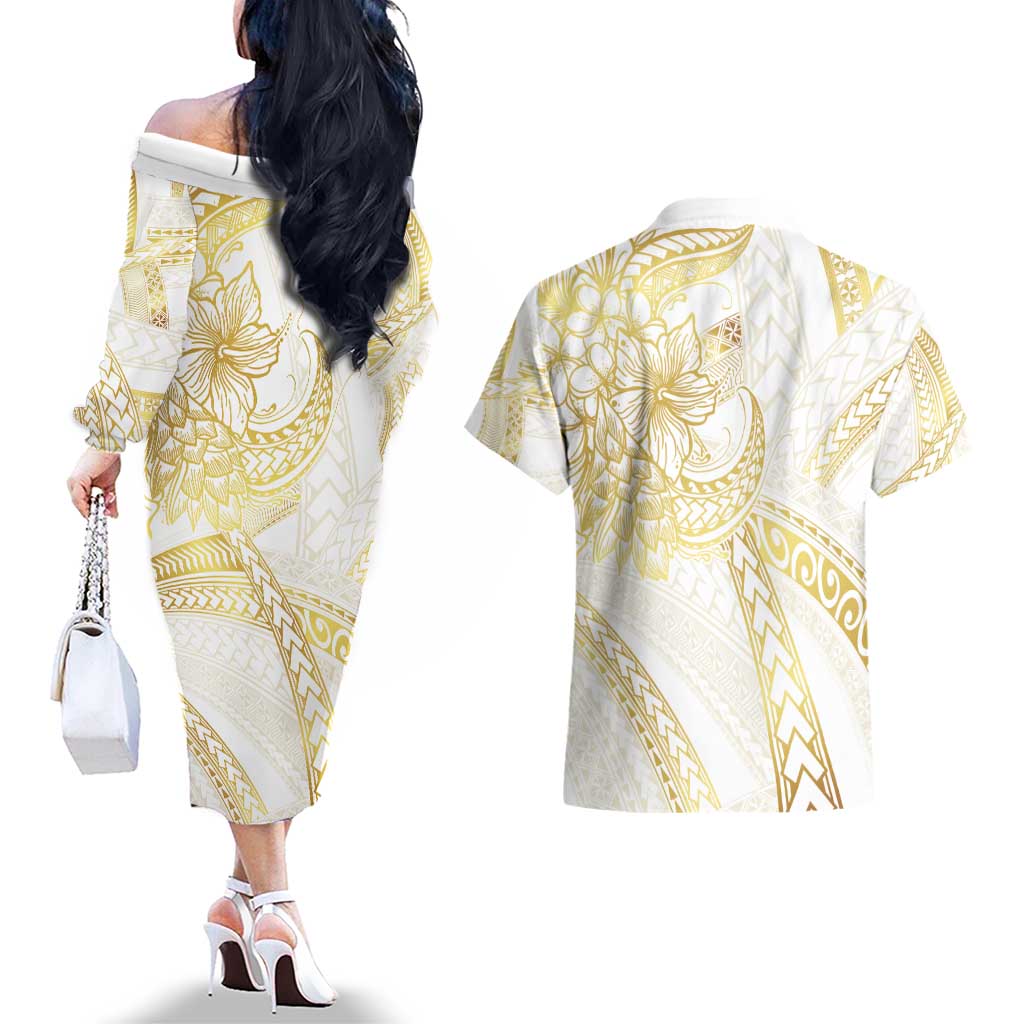 Samoa Lotu Tamaiti Gold Couples Matching Off The Shoulder Long Sleeve Dress and Hawaiian Shirt Teuila Tatau LT7 - Polynesian Pride