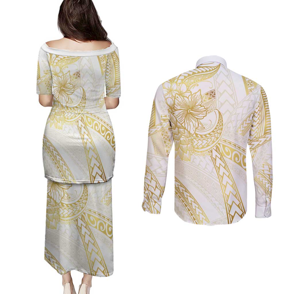 Samoa Lotu Tamaiti Gold Couples Matching Puletasi and Long Sleeve Button Shirt Teuila Tatau LT7 - Polynesian Pride