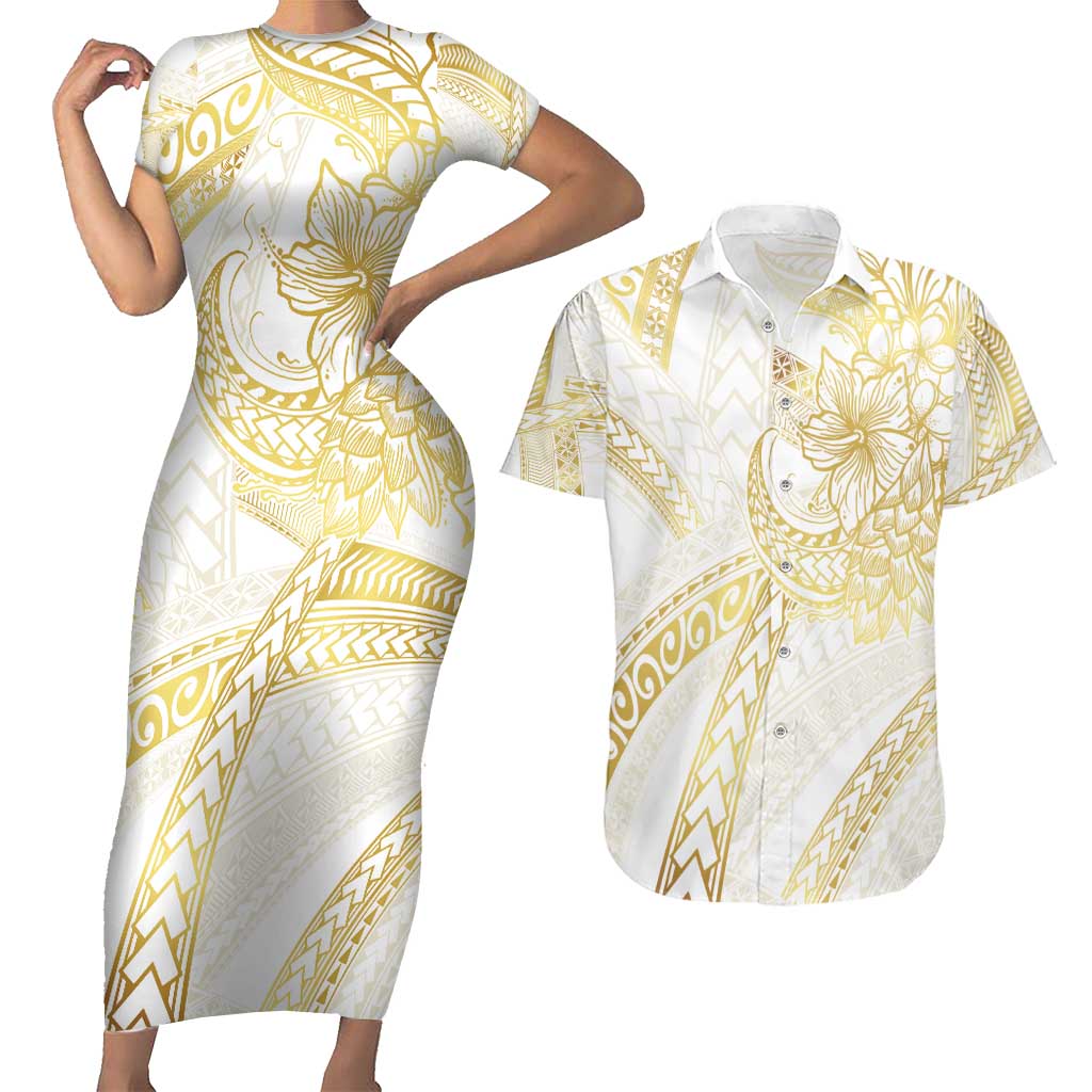 Samoa Lotu Tamaiti Gold Couples Matching Short Sleeve Bodycon Dress and Hawaiian Shirt Teuila Tatau LT7 Gold - Polynesian Pride