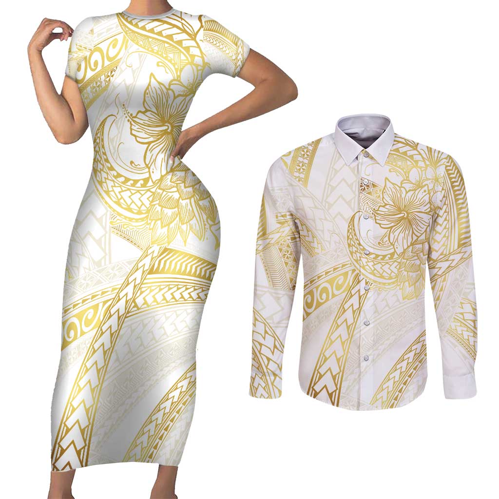 Samoa Lotu Tamaiti Gold Couples Matching Short Sleeve Bodycon Dress and Long Sleeve Button Shirt Teuila Tatau LT7 Gold - Polynesian Pride