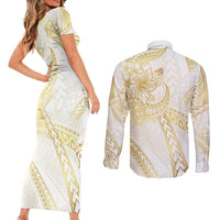 Samoa Lotu Tamaiti Gold Couples Matching Short Sleeve Bodycon Dress and Long Sleeve Button Shirt Teuila Tatau LT7 - Polynesian Pride
