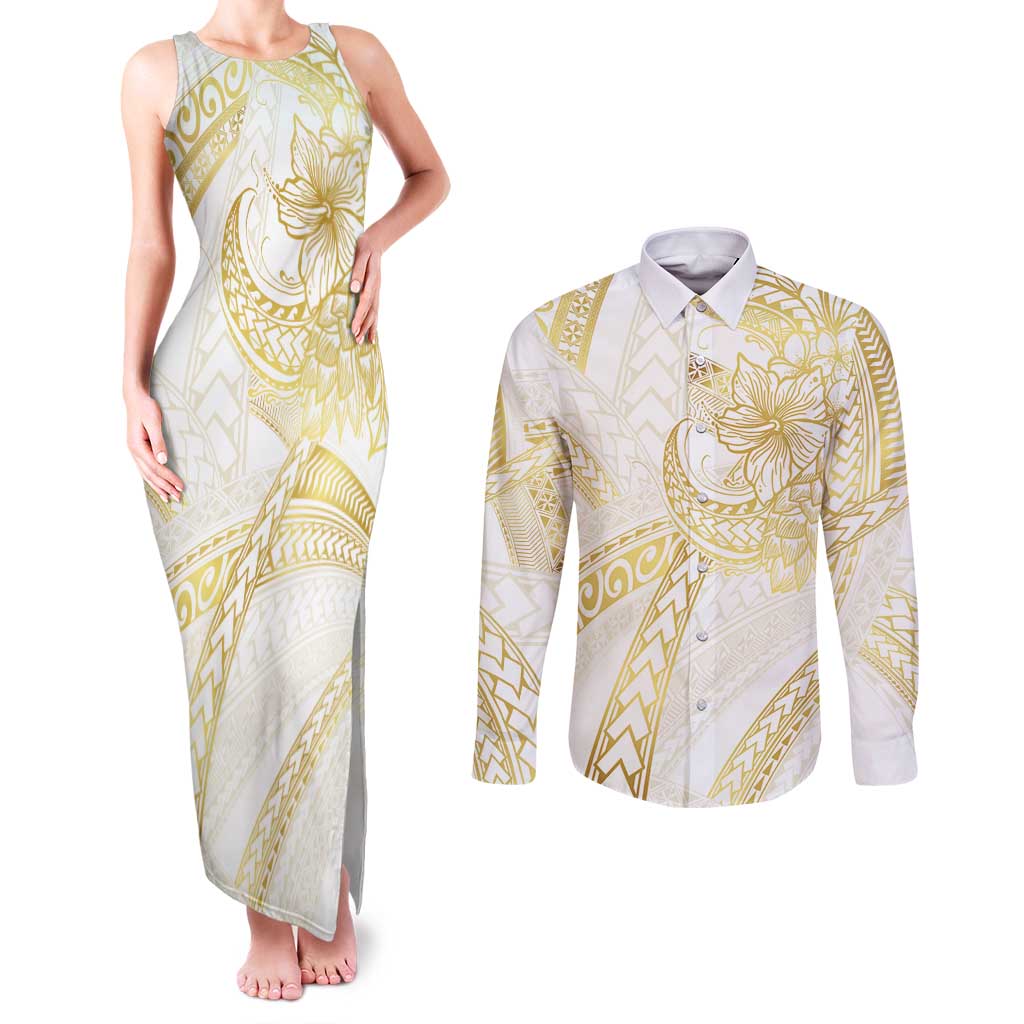 Samoa Lotu Tamaiti Gold Couples Matching Tank Maxi Dress and Long Sleeve Button Shirt Teuila Tatau LT7 Gold - Polynesian Pride