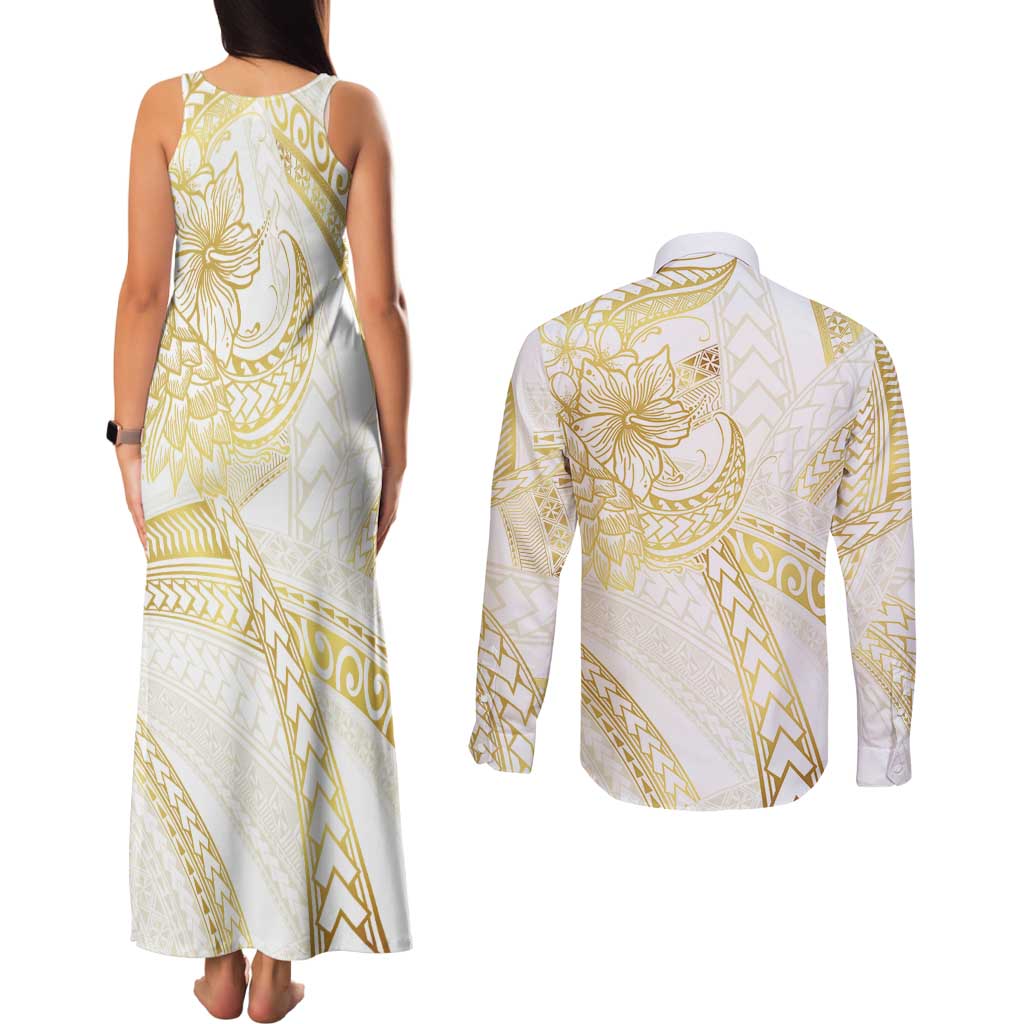 Samoa Lotu Tamaiti Gold Couples Matching Tank Maxi Dress and Long Sleeve Button Shirt Teuila Tatau LT7 - Polynesian Pride