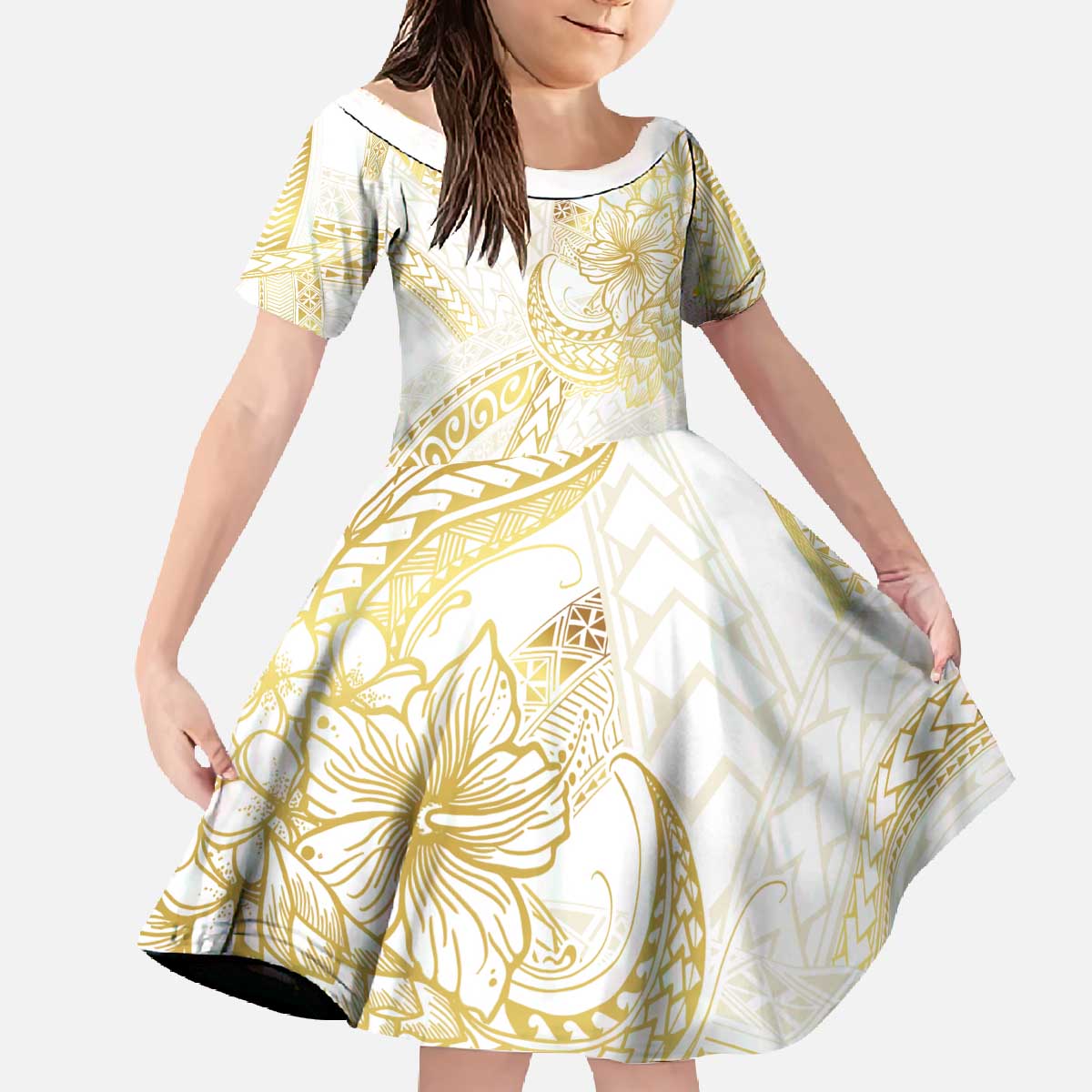 Samoa Lotu Tamaiti Gold Family Matching Off The Shoulder Long Sleeve Dress and Hawaiian Shirt Teuila Tatau LT7 Daughter's Dress Gold - Polynesian Pride