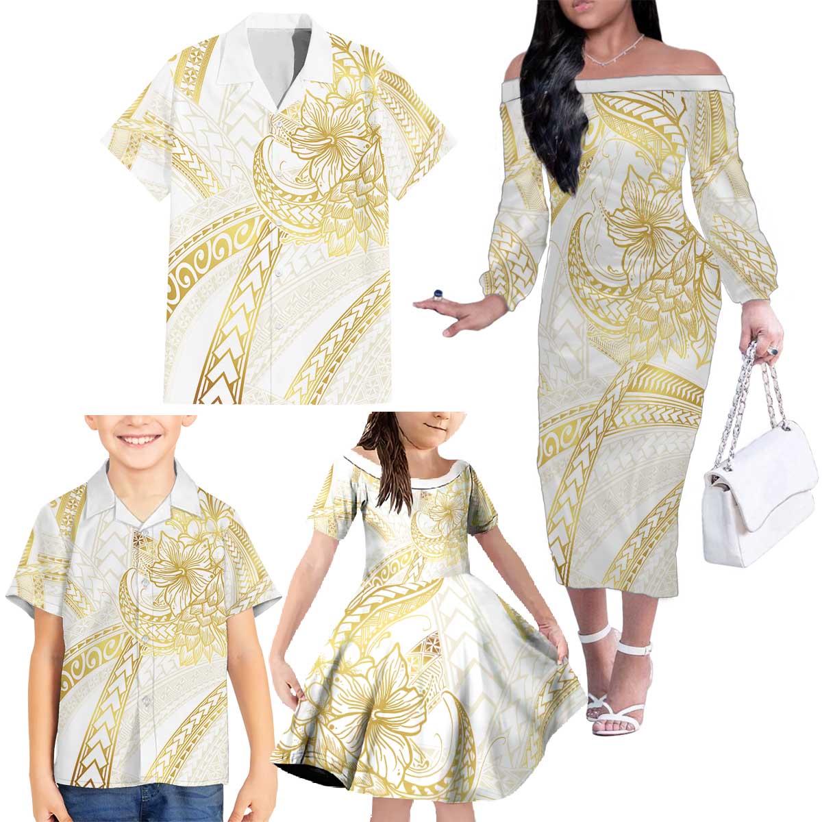 Samoa Lotu Tamaiti Gold Family Matching Off The Shoulder Long Sleeve Dress and Hawaiian Shirt Teuila Tatau LT7 - Polynesian Pride