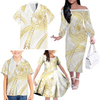 Samoa Lotu Tamaiti Gold Family Matching Off The Shoulder Long Sleeve Dress and Hawaiian Shirt Teuila Tatau LT7 - Polynesian Pride
