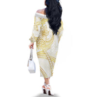 Samoa Lotu Tamaiti Gold Family Matching Off The Shoulder Long Sleeve Dress and Hawaiian Shirt Teuila Tatau LT7 - Polynesian Pride