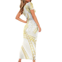 Samoa Lotu Tamaiti Gold Family Matching Short Sleeve Bodycon Dress and Hawaiian Shirt Teuila Tatau LT7 - Polynesian Pride