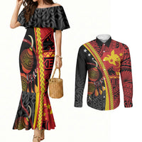 Papua New Guinea Independence Personalised Couples Matching Mermaid Dress and Long Sleeve Button Shirt PNG Bagi and Lime Pot LT7 Black - Polynesian Pride